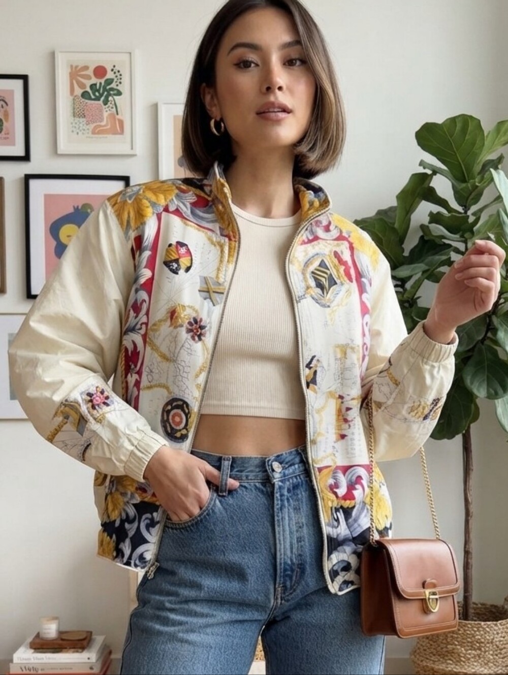 Vintage East West Silk Scarf Print Bomber Jacket Full Zip Map Motif Size S